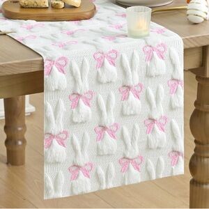 NWT Easter White Bunny Table Runner with Pink Bows Coquette viral trend 13 x 72